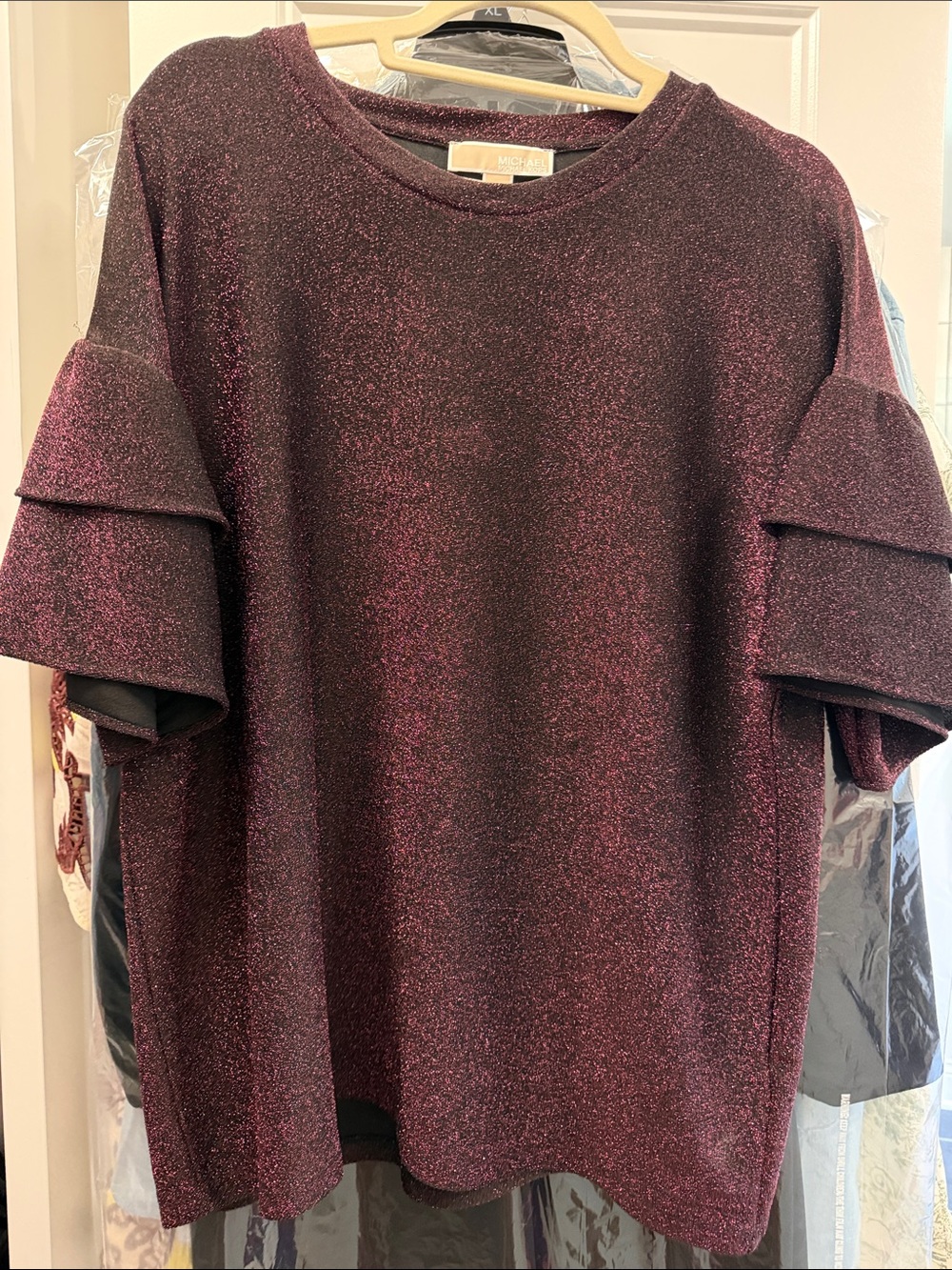 MICHAEL Michael Kors Glitter Plum Ruffle-Sleeve Crewneck Sweater